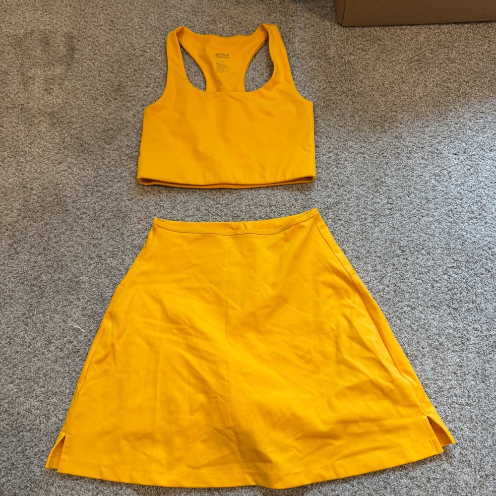 Girlfriend Collective Marigold Yellow Racerback Bra and Skort Set XS